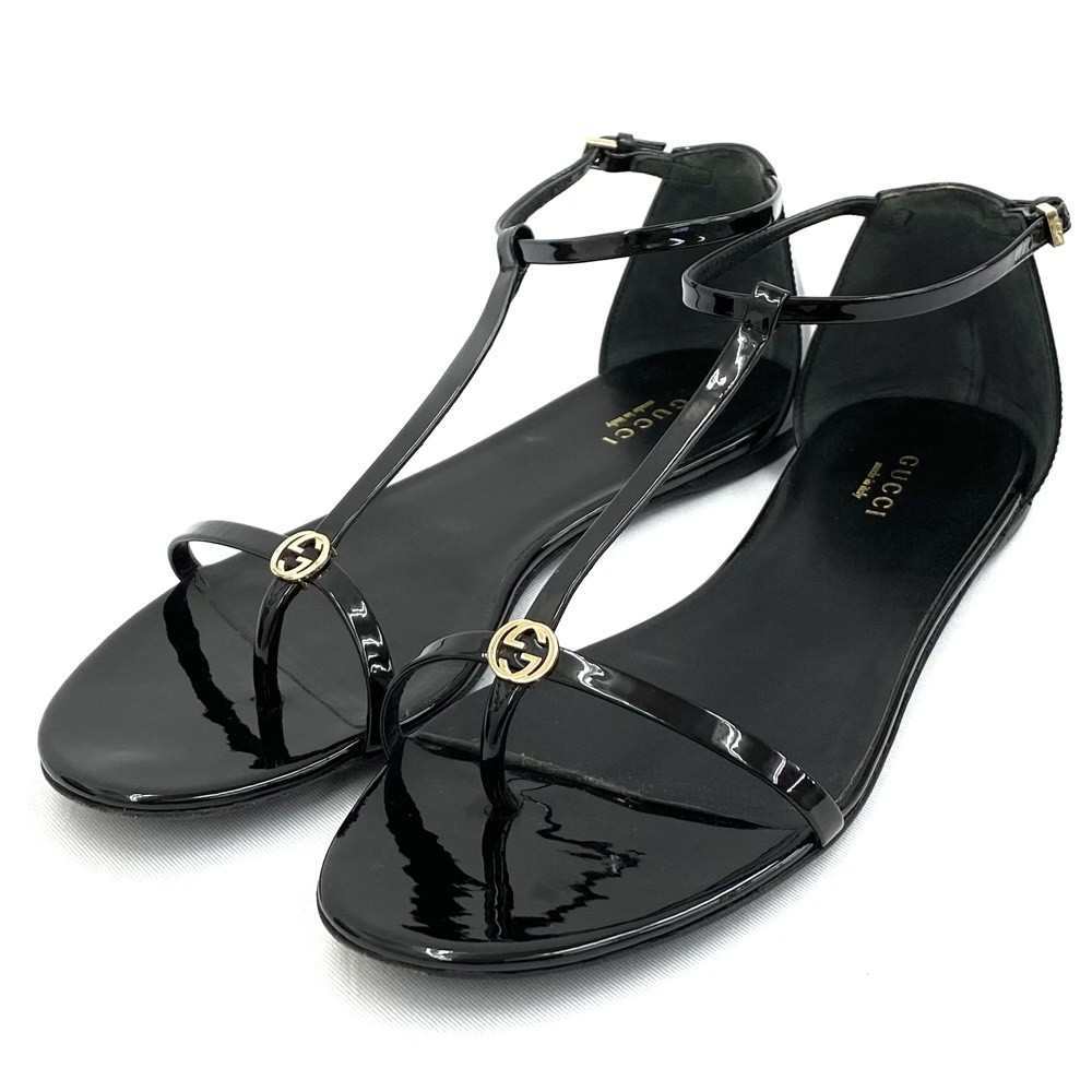 良好◇GUCCI グッチ サンダル 38 1/2◇ ブラック エナメル GGマーク