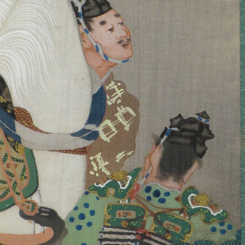 横尾芳月　双幅「屋島之誉(共箱)」　那須与一の歴史上の名場面を活写した、およそ描き込み豊かな歴史人物画、まさに絹本・着彩の名幅です_画像6