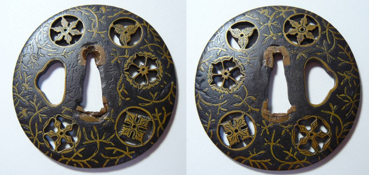 鐔鍔つば 名品 『与四郎』 銘有り 唐草象嵌花紋散透鉄鍔 桃山時代 鉄地