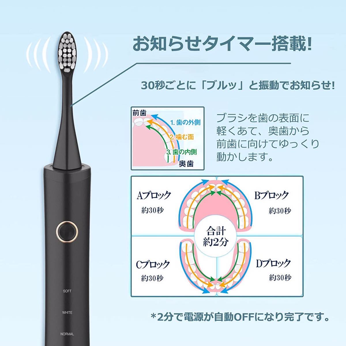 電動歯ブラシ 超音波式 電動ハブラシ 充電式 セット 6本替えブラシ