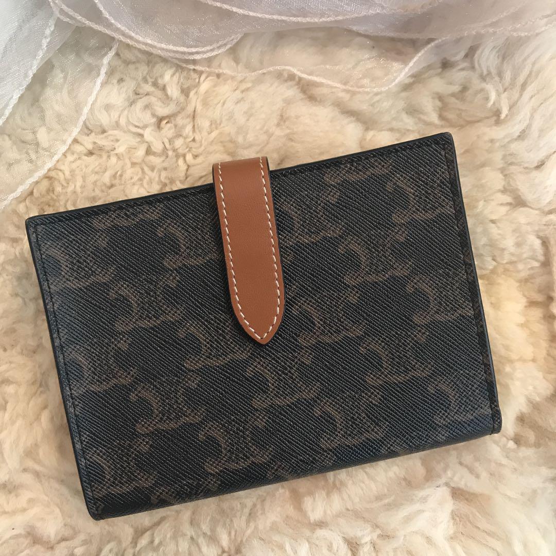 美品 セリーヌ ミディアム ストラップ ウォレット 二つ折り財布 タン