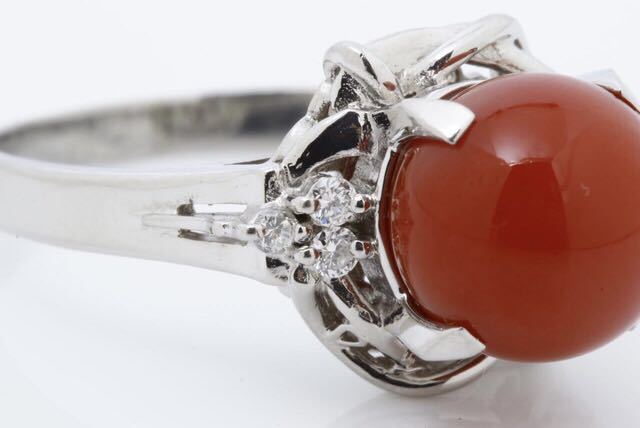 [新品同様]プラチナPT900天然珊瑚血赤サンゴダイヤモンドリング指輪