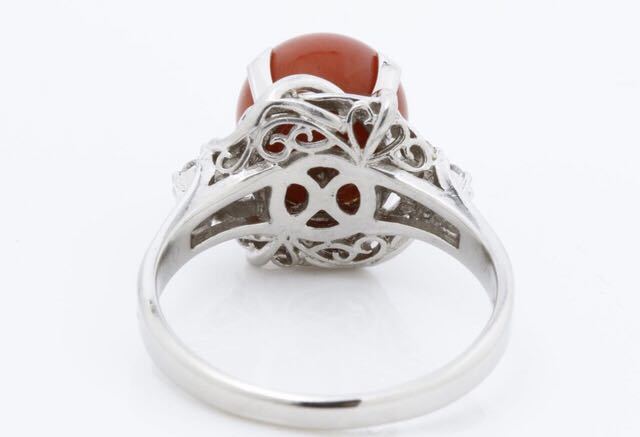 新品同様]プラチナPT900天然珊瑚血赤サンゴダイヤモンドリング指輪