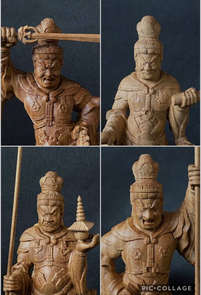 井波彫刻 一刀彫 総ケヤキ材 仏教工芸品 木彫仏像 精密細工 四天王立像