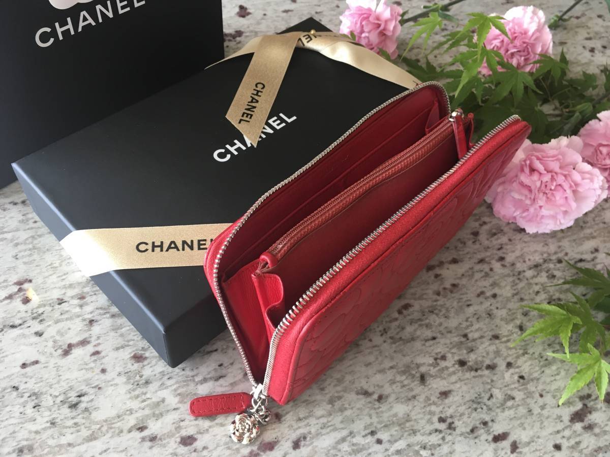 ☆正規品☆CHANEL☆長財布☆カメリアレザーラウンドファスナー☆レッド