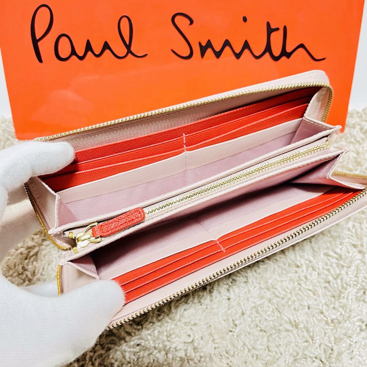 ほぼ未使用 ポールスミス PaulSmith スミシーハート 長財布 ロングウォレット ラウンドファスナー ベビーピンク かわいい バッグ 6414 