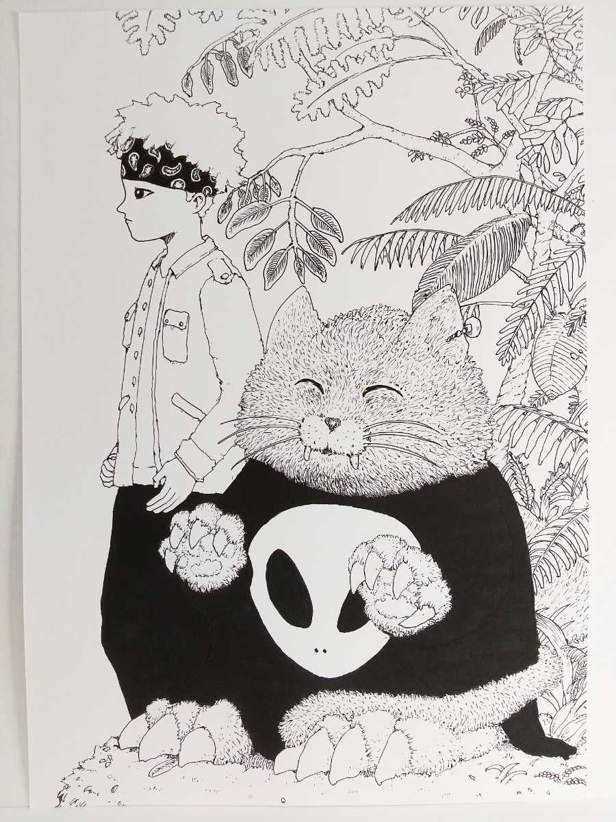 オリジナルイラスト 手描きイラスト Illustration アナログ アート インテリア ハンドメイド モノクロ 原画 植物と動物と少年 白黒 絵 自作 店舗 植物と動物と少年