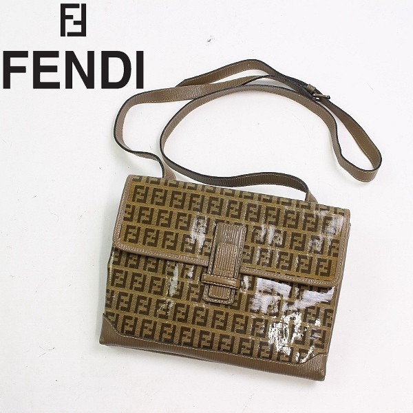 ヴィンテージ◆FENDI/フェンディ PVC×レザー ズッカ柄 斜め掛け ショルダー バッグ ベージュ×ブラウン_画像1