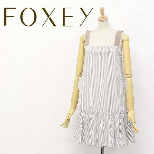 美品◆FOXEY NEW YORK/フォクシー ニューヨーク ストライプ サン ドレス ストレッチ ノースリーブ ワンピース ホワイト×ライトブラウン 38_画像1