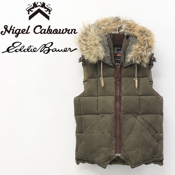 ◆Nigel cabourn/ナイジェルケーボン×エディーバウアー ドライワックスコーティング コヨーテファー付フーデッド ダウン ベスト カーキ 44