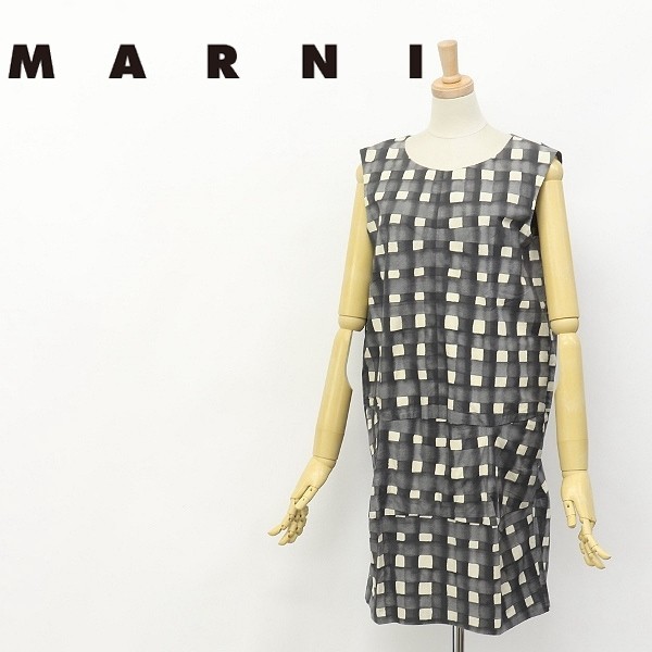 美品◆MARNI/マルニ チェック柄 コットン ノースリーブ デザイン ワンピース チャコール×アイボリー 38_画像1