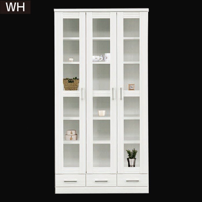 本棚 書棚 幅90cm 完成品 ブックシェルフ 鏡面 木製 ガラス扉付き リビング収納 ハイタイプ ホワイト