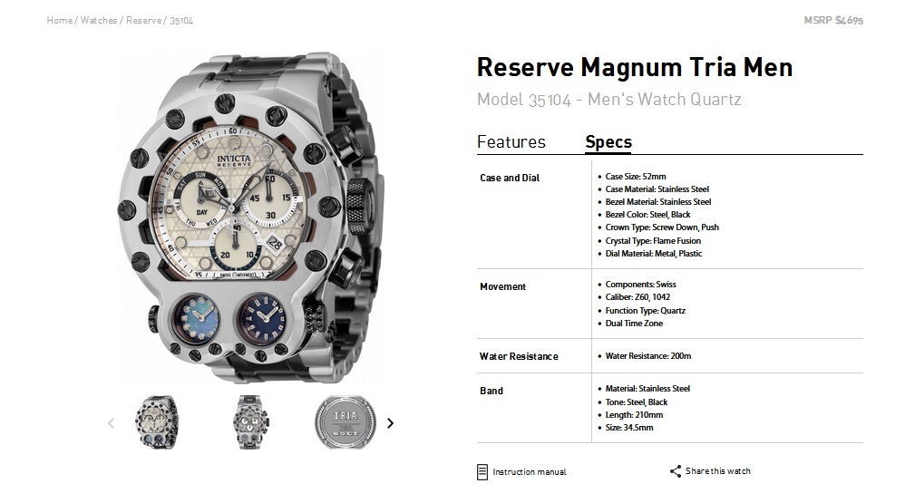 INVICTA インビクタ『Reserve Mugnum Tria 35104』★3つのムーブメント搭載★電池式★200ｍ防水★スイス製Mvt★