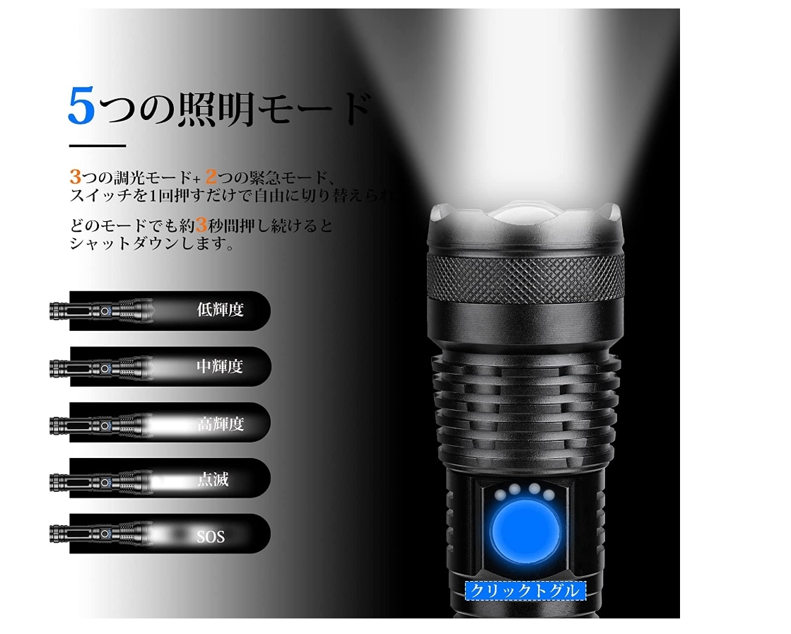 POPGMMT LED懐中電灯 USB充電式 1500ルーメン 5モード調光 IPX67防水 アルミニウム合金 新品 送料込