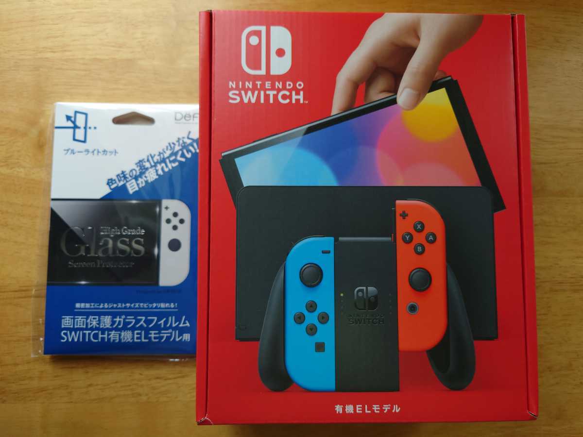 新品 未使用 Nintendo Switch 有機ELモデル ニンテンドースイッチ本体 ネオンブルー ネオンレッド 任天堂 Joy-Con (L) ガラスフィルム付_画像1