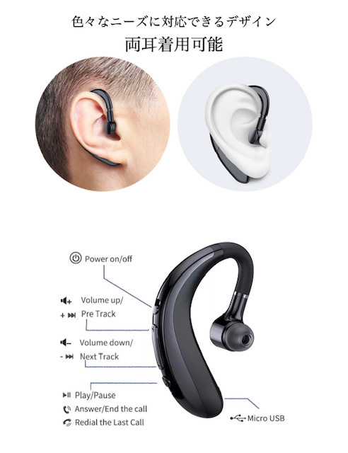 Bluetooth　イヤホン　ワイヤレスイヤホン 耳掛け型　イヤフォン イヤホンマイク 片耳　USB 充電 高音質 超軽量　テレワーク　ホワイト　22_画像6