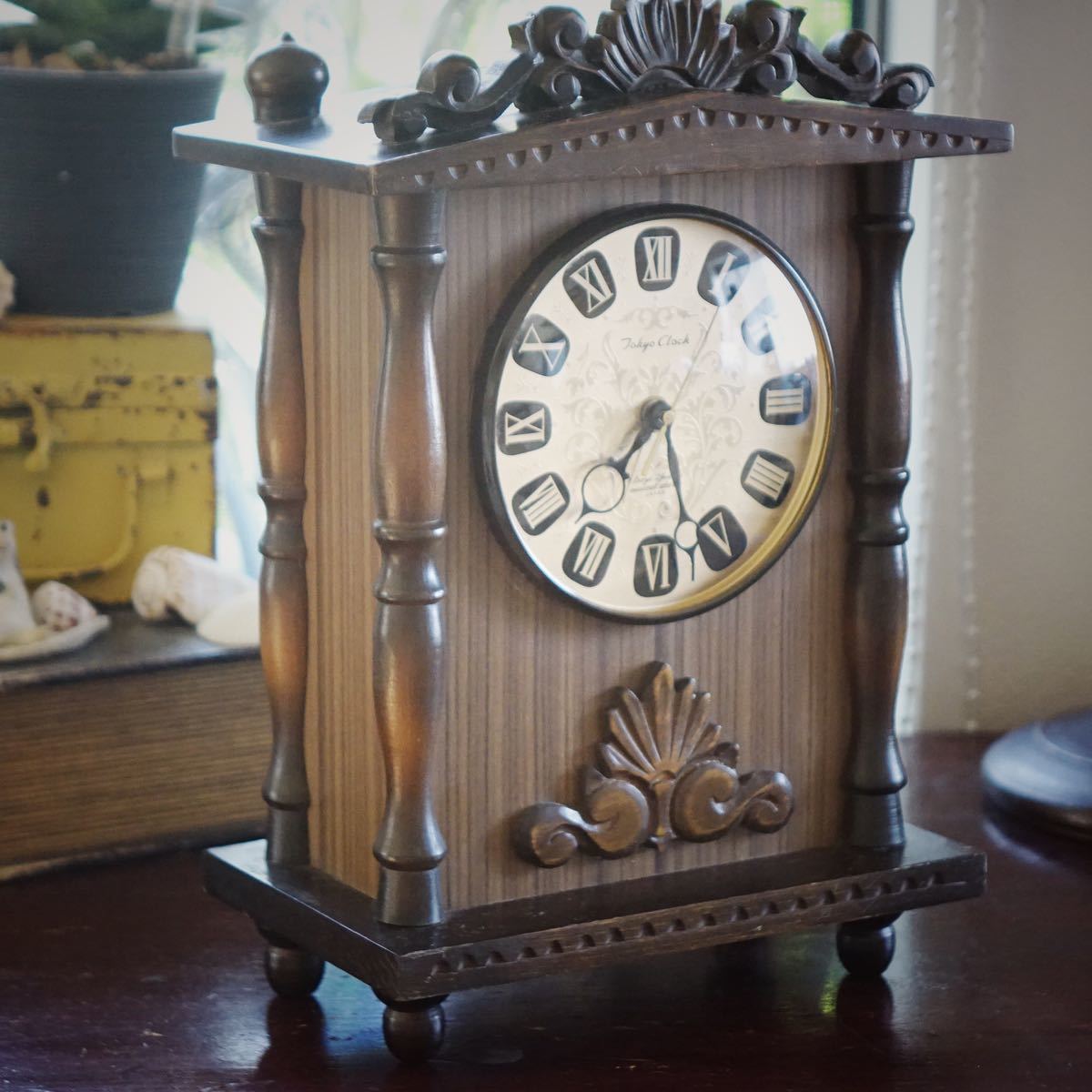 昔のゼンマイ式置き時計 木枠 清掃注油済み動作品 オルゴール付き 