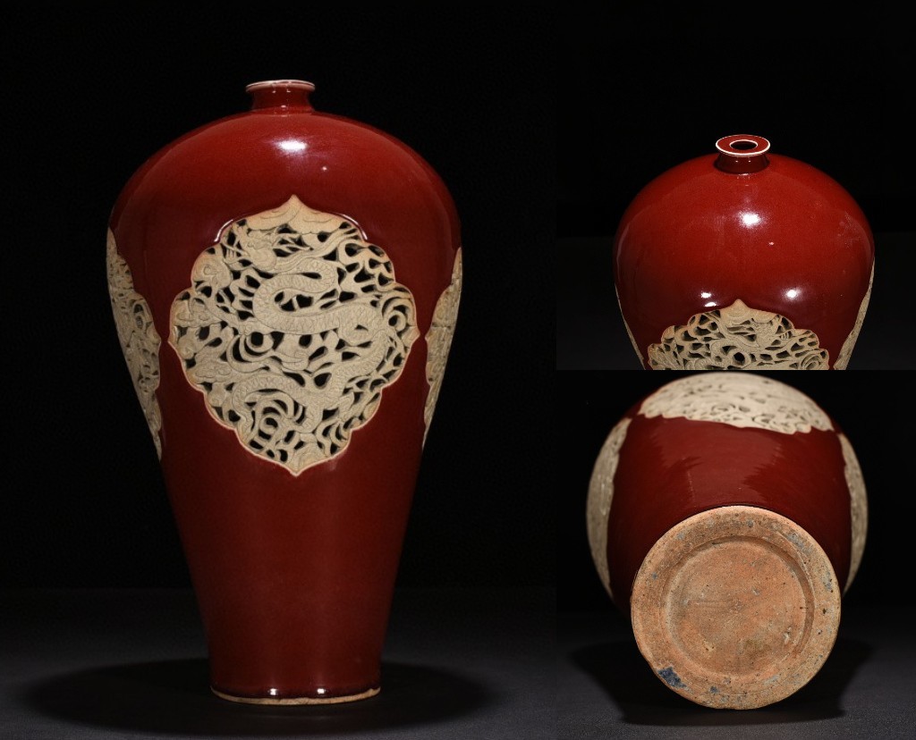 元時代 祭紅釉 彫刻 透し彫り 龍紋梅瓶 古美術 高さ43CM 横23CM【A26】