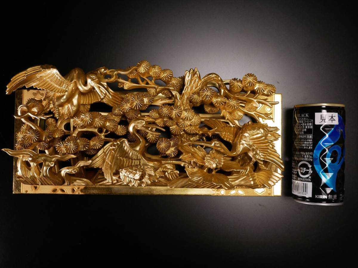 収集品　最高級　彫り　手彫り　本金箔　木製本金粉　鶴（エ2）　3855　M