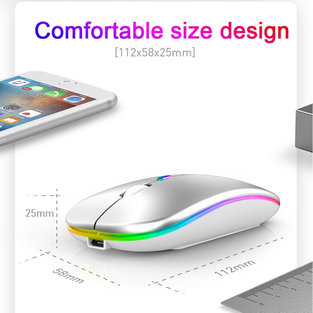 Bluetooth 5.2 マウス 充電式 LEDレインボー ワイヤレスマウス 無線マウス 静音 薄型 USB充電式 Windows Mac シルバー