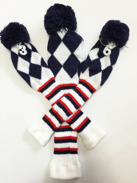新品　ドライバー FW 3・5番用ニットカバー 白×赤×紺 3本セット 番手タグ付