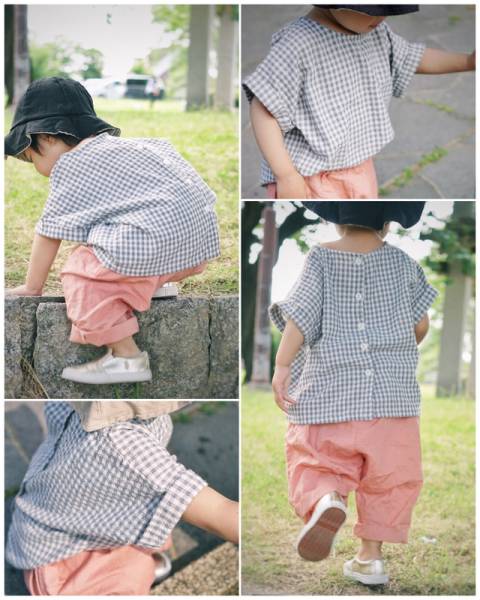 薄墨　格子柄/チェック★ベビー服/キッズ服/子ども服【綿麻】半袖ブラウス/半袖シャツ★前后リバーシブル★男女兼用★80cm