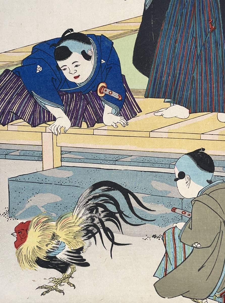 hana_desu15 庭前闘鶏之図 三枚続 周延 Chikanobu 明治31年(1898)本物 浮世絵 木版画 大判 錦絵 動物 子供 鶏 triptych ukiyoe の商品詳細 | Yahoo!オークション | One Map by FROM JAPAN