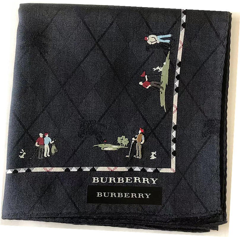 新品バーバリーBurberry◆大人気ゴルフ人物刺繍入り＆ホースマーク柄織りミニスカーフ大判ハンカチ★膝掛け・黒