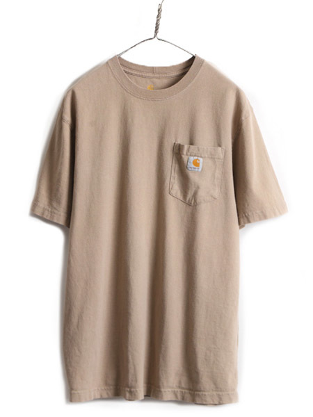 ■ カーハート ポケット付き 半袖 Tシャツ ( メンズ M ) 古着 ヘビーウェイト ヘビーオンス ポケT ロゴT CARHARTT ワンポイント ベージュ_画像1