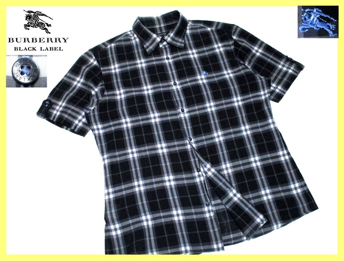 極美品 バーバリーブラックレーベル ブルーホース刺繍 ノバチェック総柄 柔らかコットン生地 シャツ サイズ M(2)