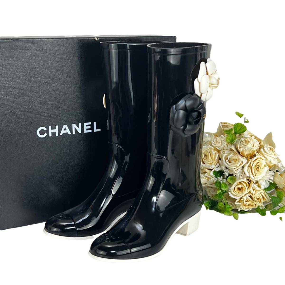 専用 CHANEL シャネル カメリア レインブーツ 23cm 黒 箱付き - 長靴