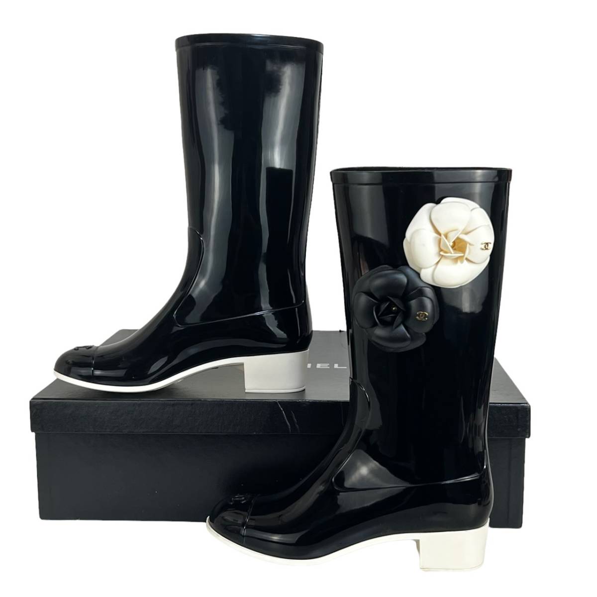 美品☆ココマーク&カメリア☆ CHANEL シャネル レインブーツ 長靴 36