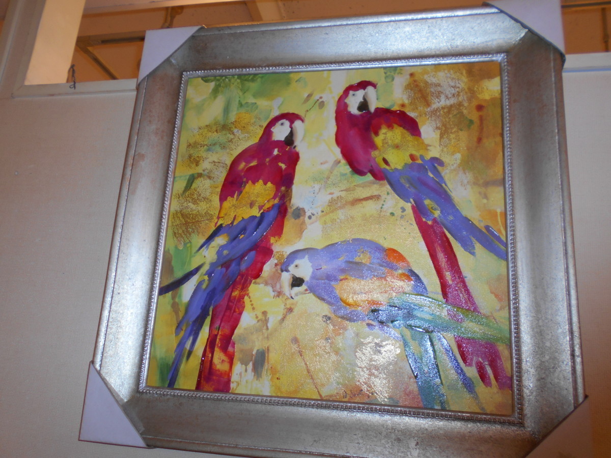 可愛いオウムのシルバー色額絵油絵　可愛い鸚鵡のシルバー色額絵油絵　可愛いおうむの油絵　可愛いオウムの油絵のサムネイル