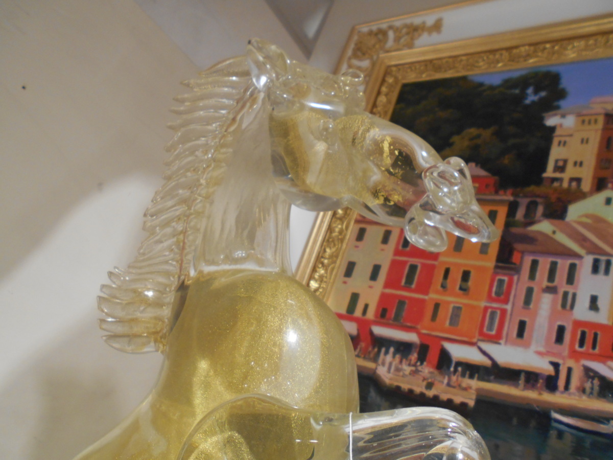 イタリア輸入　ベネチアングラス　クリアゴールド色馬の置物　ベネチアングラス透明なゴールド色ホースの置物