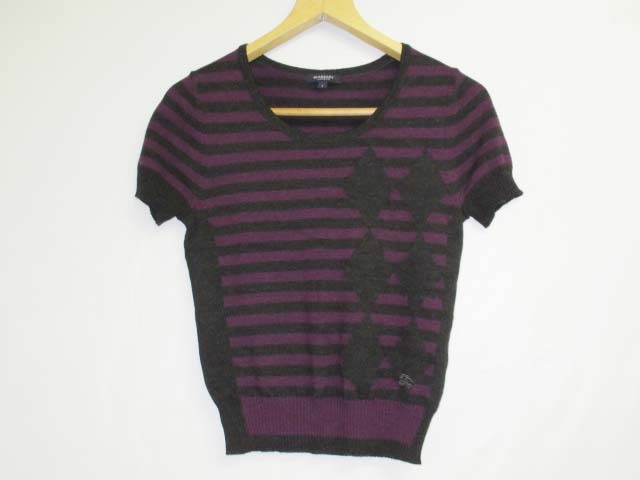 *rz0507 Burberry London border short sleeves knitted purple / gray lady's 1 BURBERRY LONDON tops for women purple free shipping 