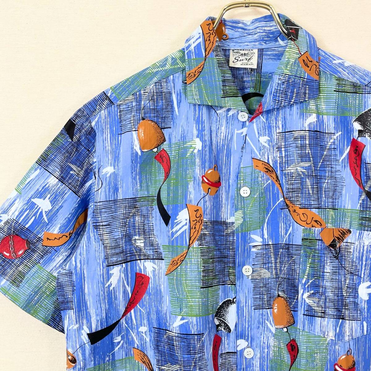 【大注目】 / Stock Dead 希少《 風鈴柄 】 程度 L ハワイアンシャツ ボックス コットン 夏の日本 ビンテージ SURF HAWAIIAN デッド【 》50s Lサイズ
