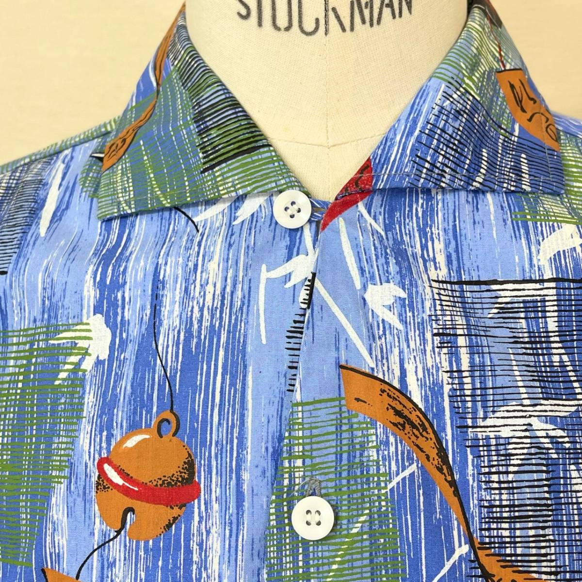 希少《 Dead Stock / 風鈴柄 》50s デッド【 HAWAIIAN SURF ビンテージ 夏の日本 コットン ボックス ハワイアンシャツ L 程度 】_画像2