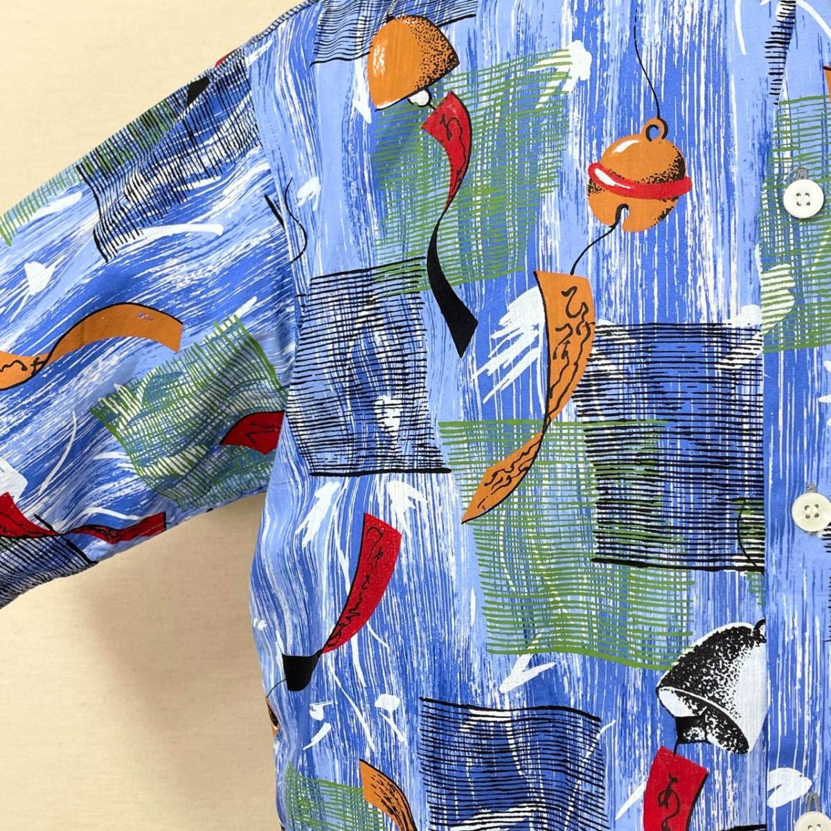 希少《 Dead Stock / 風鈴柄 》50s デッド【 HAWAIIAN SURF ビンテージ 夏の日本 コットン ボックス ハワイアンシャツ L 程度 】_画像3