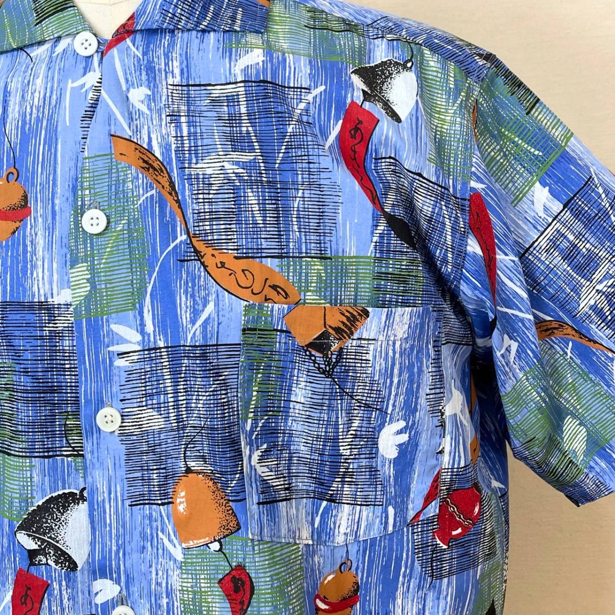 希少《 Dead Stock / 風鈴柄 》50s デッド【 HAWAIIAN SURF ビンテージ 夏の日本 コットン ボックス ハワイアンシャツ L 程度 】_画像4