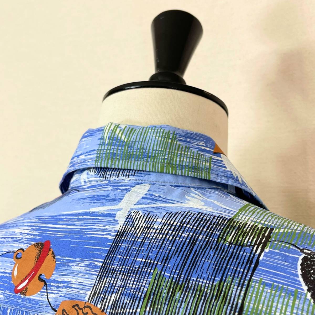希少《 Dead Stock / 風鈴柄 》50s デッド【 HAWAIIAN SURF ビンテージ 夏の日本 コットン ボックス ハワイアンシャツ L 程度 】_画像6