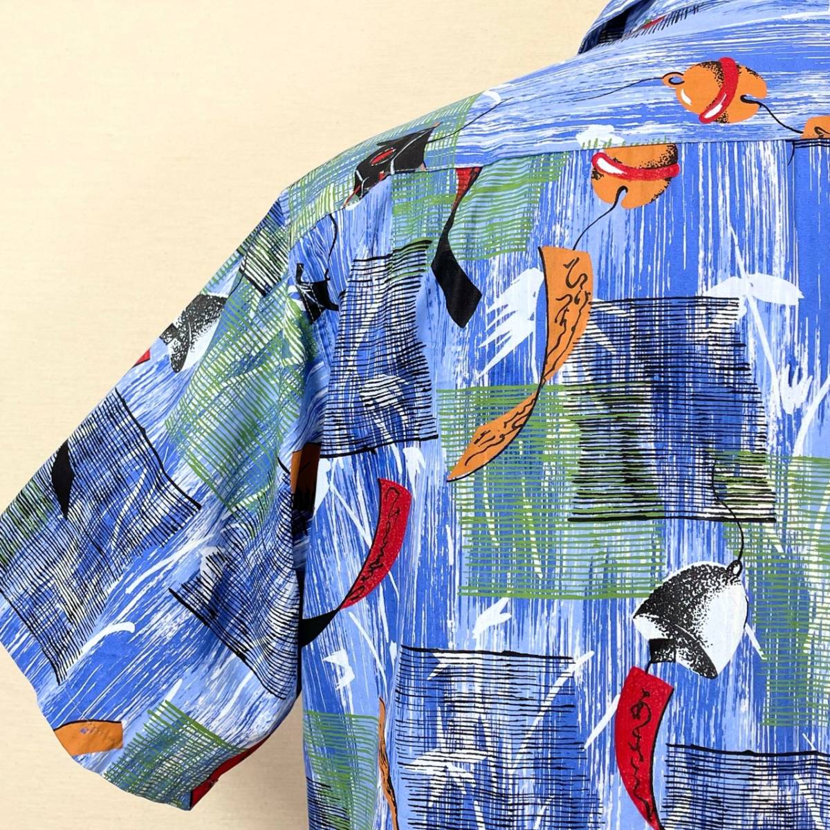 希少《 Dead Stock / 風鈴柄 》50s デッド【 HAWAIIAN SURF ビンテージ 夏の日本 コットン ボックス ハワイアンシャツ L 程度 】_画像7