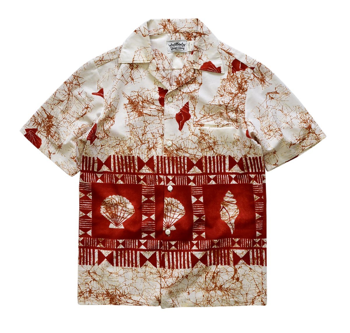 [ Vintage ][MALIHINI][ полиэстер ][ белый x красный ] раковина узор [ гавайская рубашка ][ рубашка с коротким рукавом ][ размер S]BF1703-5