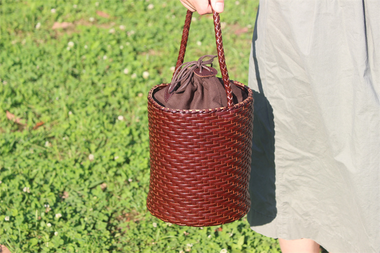  hand made bucket type bag hand basket cow original leather leather knitting bag basket bag 