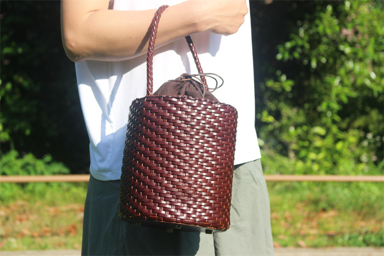  hand made bucket type bag hand basket cow original leather leather knitting bag basket bag 