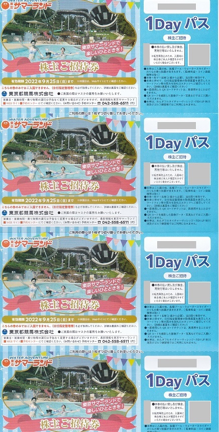 ☆1円～ 東京サマーランド 株主ご招待券（1Dayパス）4枚セット　送料無料_画像1