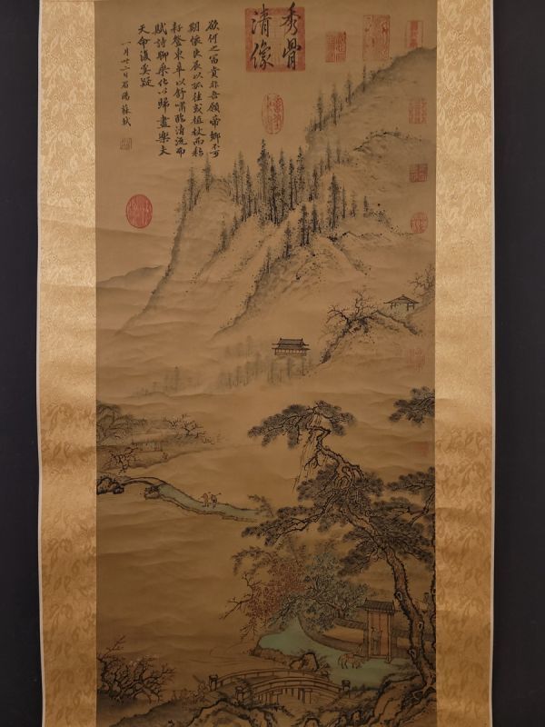 真作 中国書画「元 呉鎮 山水図」肉筆絹本 掛け軸 書画立軸 巻き物 古