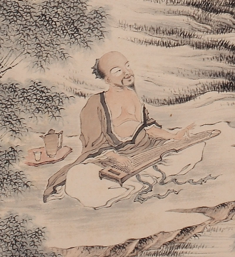 模写】田能村竹田 竹林弾琴画賛竪物 田辺竹邨、田中柏陰書付 二重箱