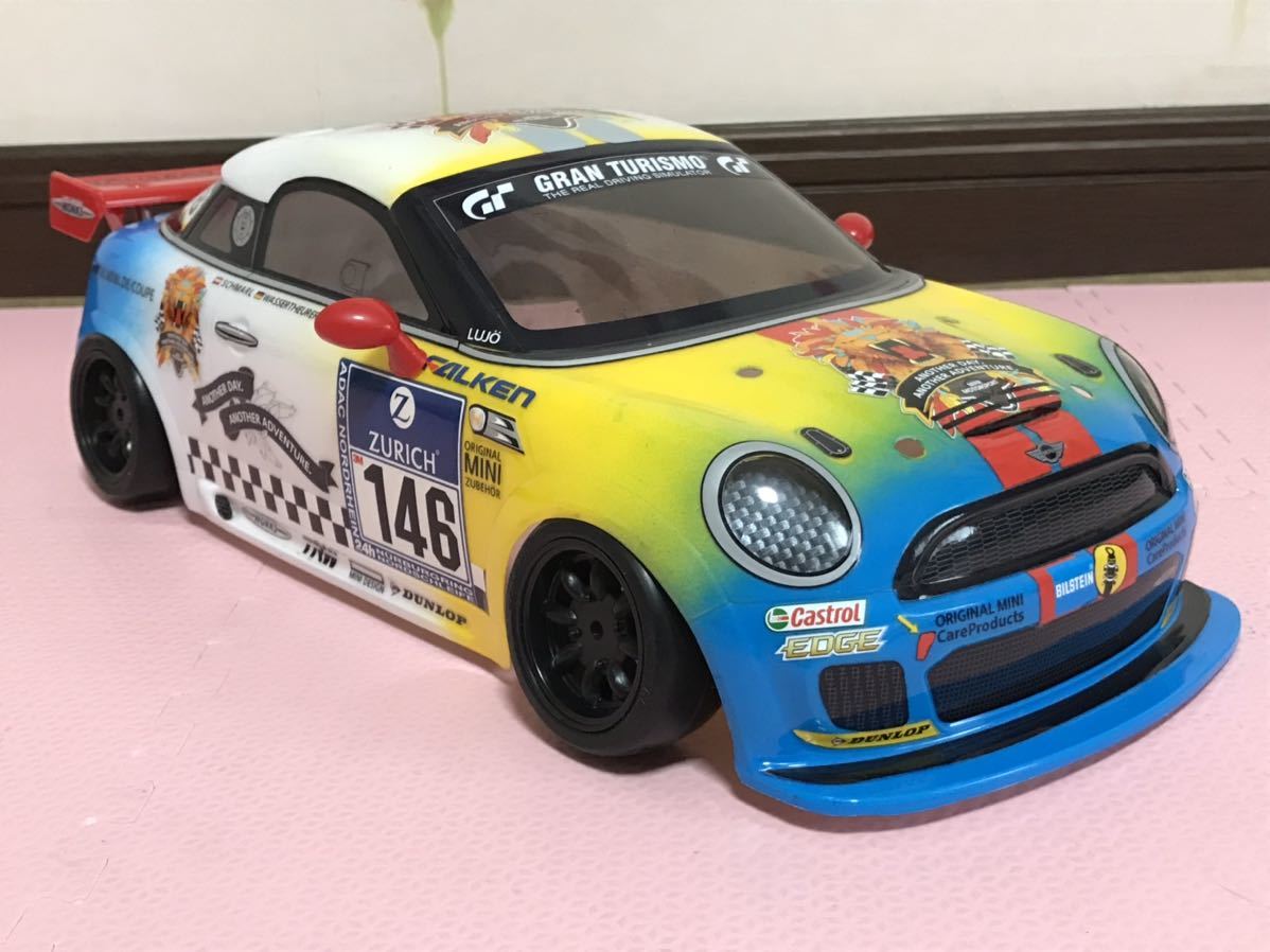 送料無料　Mシャーシ用　ミニクーパー クーペ JCW レーシングカラー塗装済　ラジコン　ボディ　タミヤ　TAMIYA MINICOOPER COUPE RC BODY