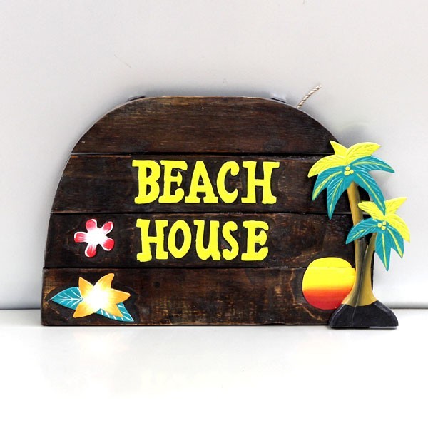 ビーチウォールサイン「BEACH HOUSE」　／ハワイアンインテリア／ビーチスタイル／木製看板／_画像1