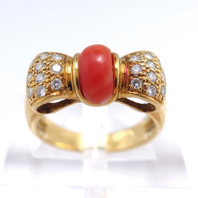 750YG yellow gold ring ring coral .. coral diamond 0.300ct 9.5 number ribbon stylish simple [ used ]/10024783